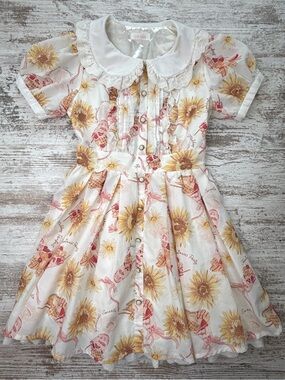 Liz Lisa White Sunflower Parfait Print Button-Front Dress with Lace Collar sz 0